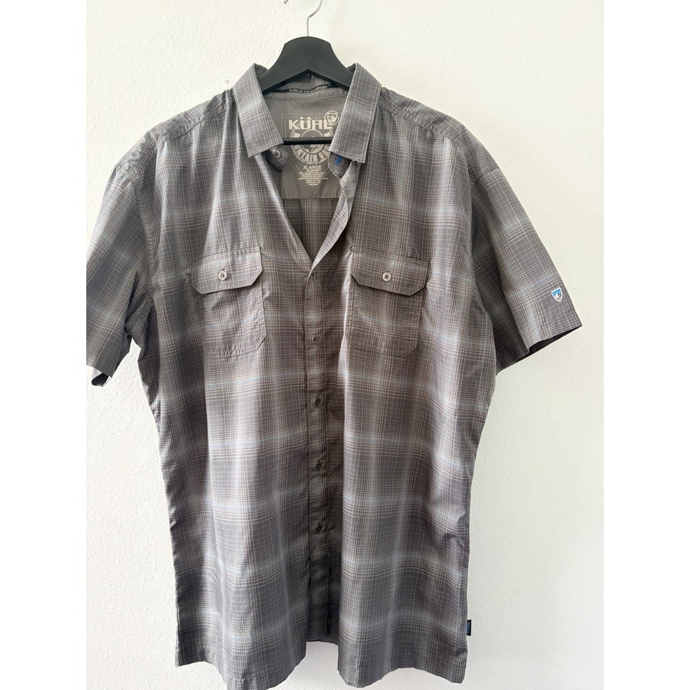 Kuhl Mens XL Eluxur Plaid Short Sleeve Shirt Gray Brown Button Up Casual